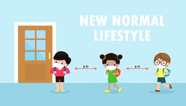 Back to school for new normal lifestyle banner concept. happy kids wearing face mask and social distancing protect coronavirus covid 19, group of children keep distance when waiting get in class room