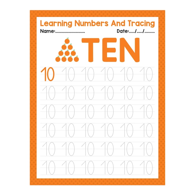 Vector back to school number tracing ten beginning math worksheet for preschool kid activity sheet pre k