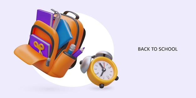 Vector back to school open realistic backpack with school supplies alarm clock