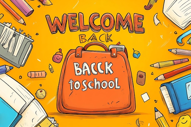 Vector back to school poster or banner design illustration with handdrawn words on school bag welcome