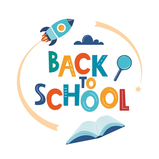 Back to school poster banner Lettering Back to school inscription with study supplies