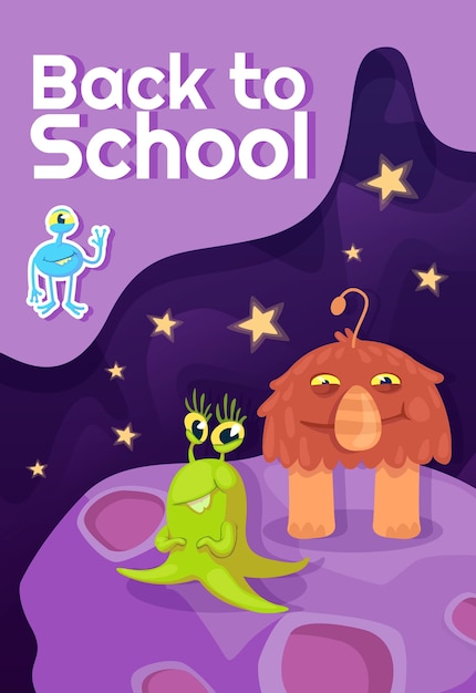 Back to school poster flat template. Fantastic creatures, mythical animals. Brochure, booklet one page concept design with cartoon characters. Childhood, study flyer, leaflet