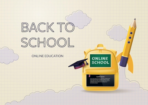 Back to School poster online school banner A yellow backpack with school supplies a rocket and an academician on a background of checkered paper Vector illustration