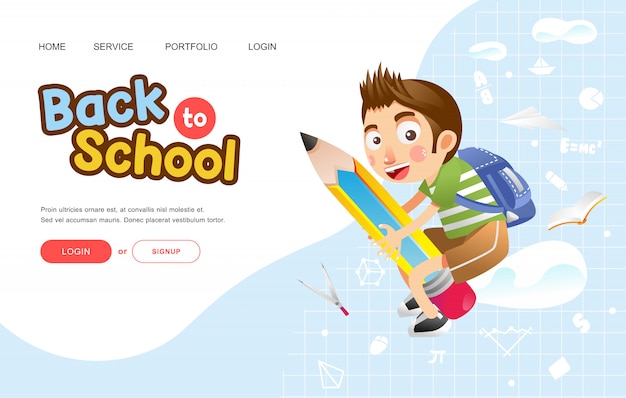 Back to school or poster with boy with happy face ride on big pencil illustration