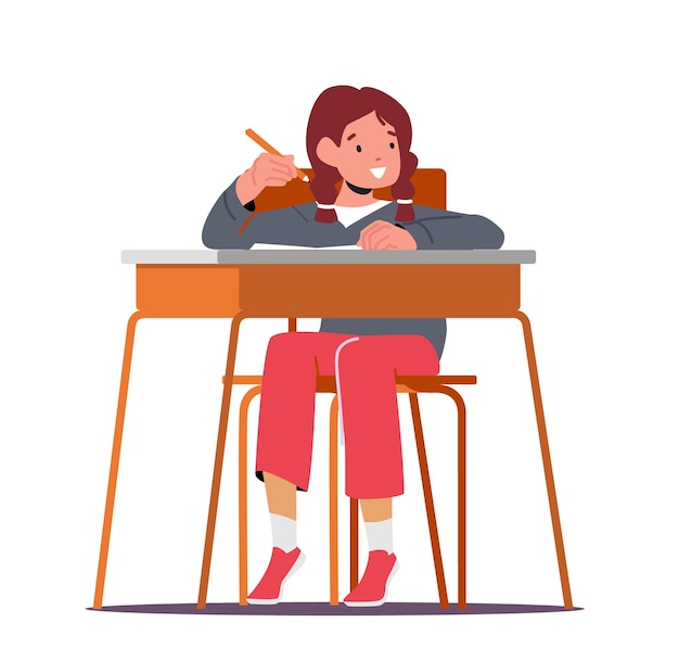 Back to School, Primary Education Concept. Little Kid Student in School Classroom, Schoolgirl Character Sitting at Desk Writing in Notebook during Lesson. Cartoon Vector Illustration