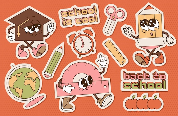 Back to school retro groovy stickers pack vintage education conception funky cute stationery charact