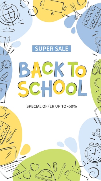 Back to school sale banner. Hand drawn of school supplies and objects.