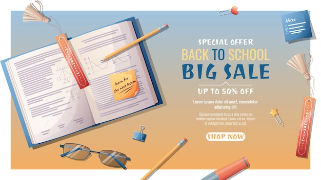 Back to school sale banner template with book bookmark glasses and stationery Books bookstore library School time back to school education