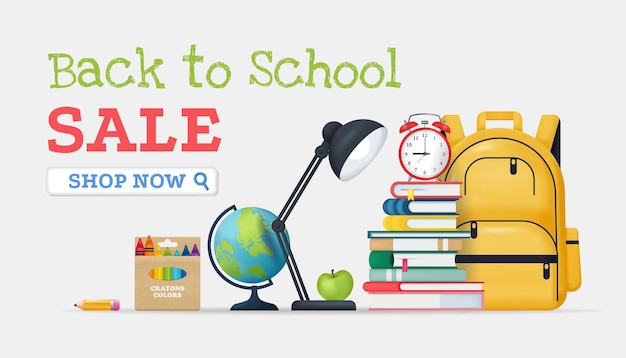 Back to School Sale Banner Vector realistic illustration school supplies accessories