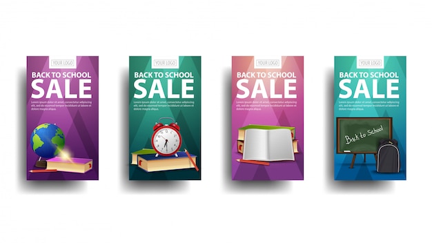 Back to school sale, collection discount banners with a globe, blackboard, backpack, books and alarm clock