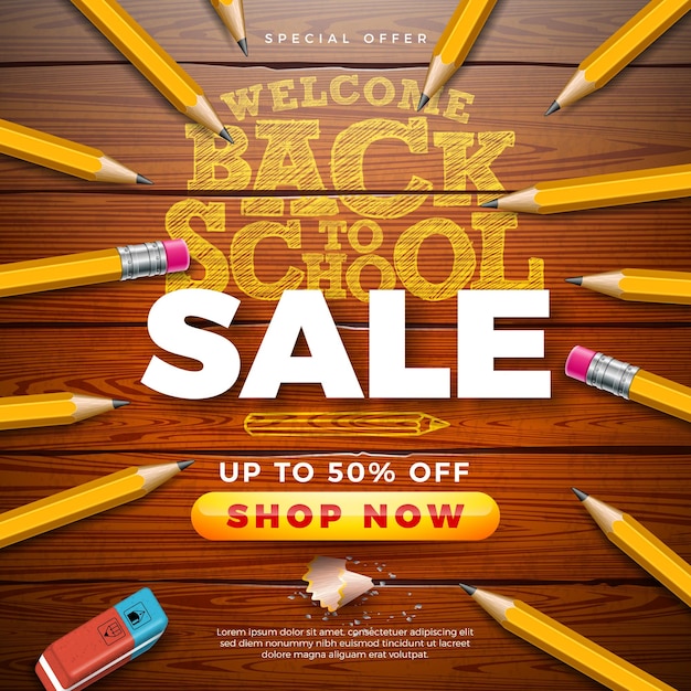 Back to School Sale Design with Graphite Pencil Eraser and Lettering on Vintage Wood Background