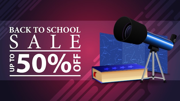 Back to school sale, discount web banner in a modern style with telescope