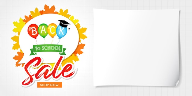 Back to School Sale flyer or coupon card sample template. Maple leaves and 3D balloons greening card