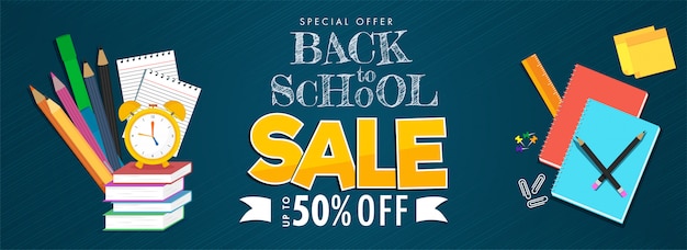 Back To School Sale Header or Banner   and Education Supplies Elements on Blue Lines Background.