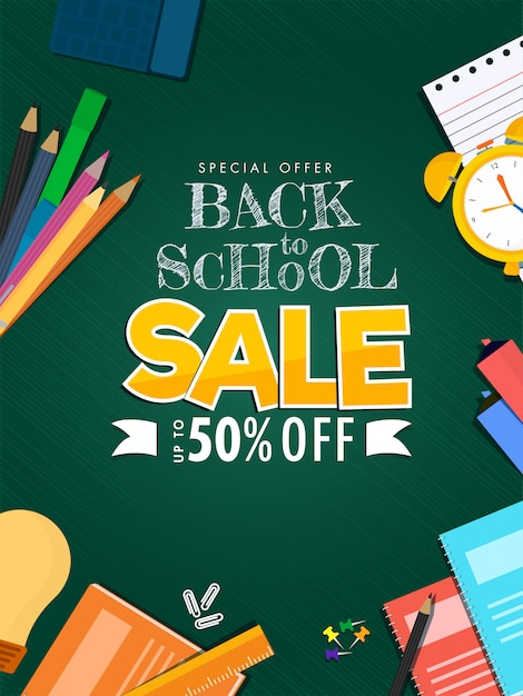 Back To School Sale Poster   and Education Supplies Elements Decorated on Green Background.