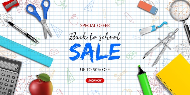 Back to school sale poster with school supplies on squared paper with doodles