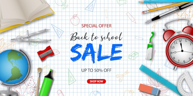 Vector back to school sale poster with school supplies on squared paper with doodles