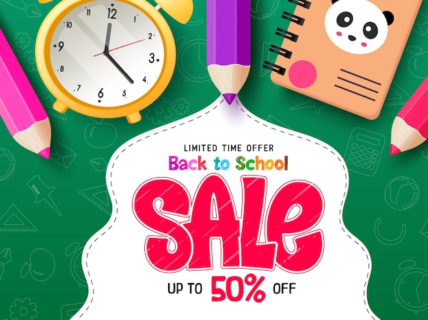 Back to school sale vector banner design School sale limited time offer text with alarm clock