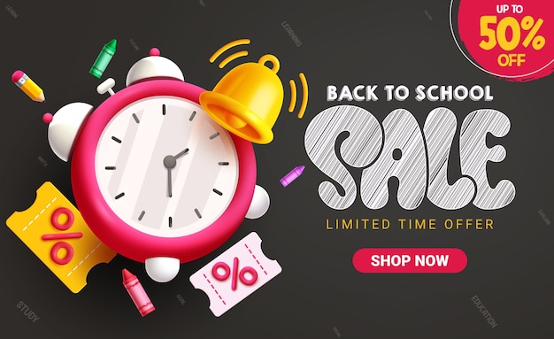 Back to school sale vector banner design School sale text with alarm clock items elements