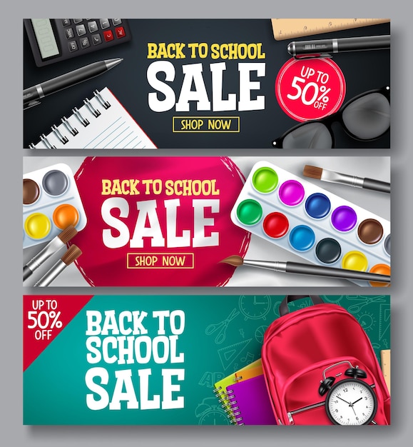 Back to school sale vector banner set Back to school promo educational supplies for advertisement