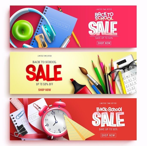 Back to school sale vector banner set Back to school sale text with educational items in limited