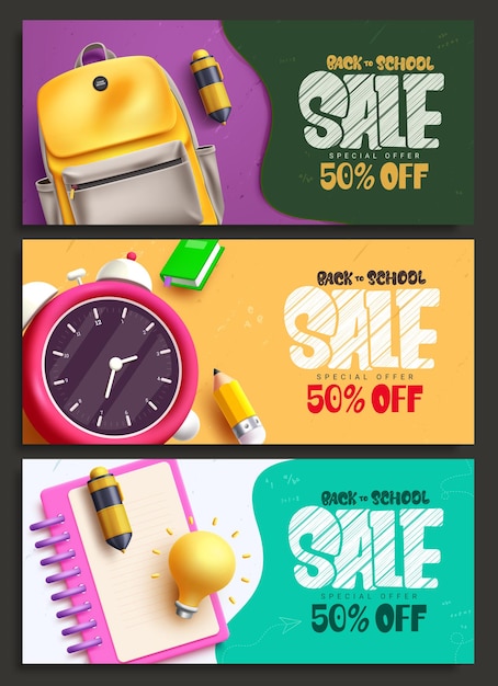 Back to school sale vector banner set design Back to school special offer text with schoolbag