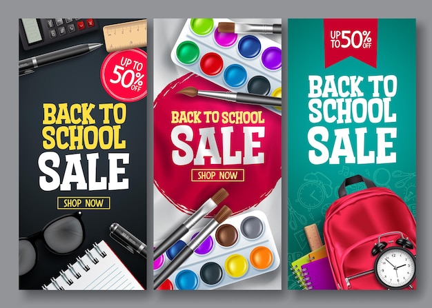 Back to school sale vector poster set Back to school educational supplies promotion for advertising