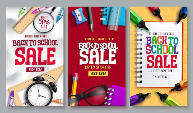 Back to school sale vector set School poster sale collection for limited time shopping discount