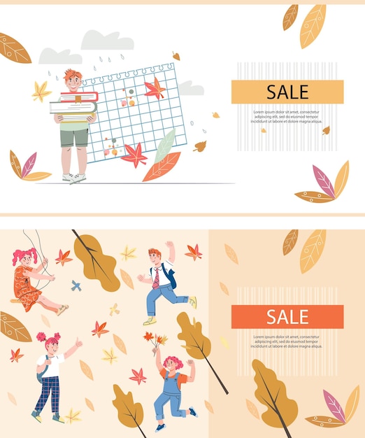 Back to school sale web banners set with cartoon children flat vector illustration