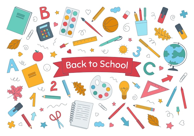 Back to School School Supplies Set Icon Set Fun Colorful Vector Flat Cartoon Illustration