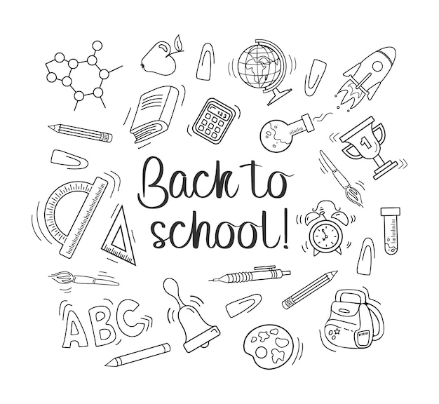 Back to school Set of elements in doodle style Writing supplies pens pencils rulers Backpack cup and globe For stickers posters postcards design elements