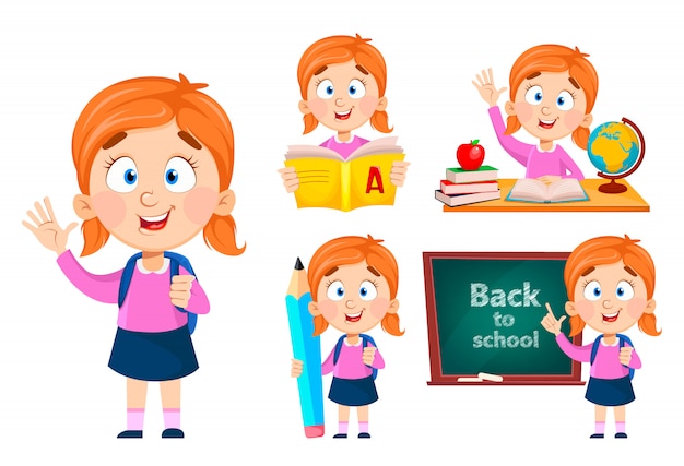 Back to school, set of five poses. Cute girl