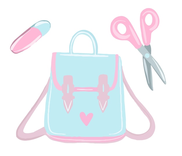 Back to school set. Pink stationery for study. Briefcase, eraser, scissors.