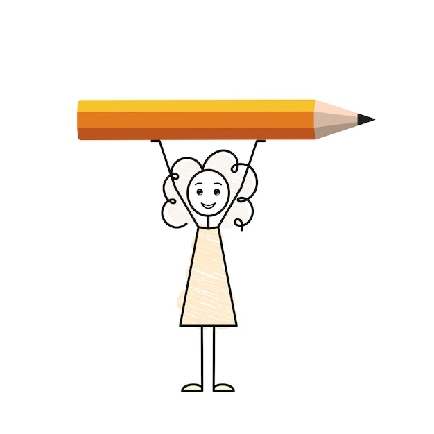 Back to school simple sketch drawing clipart happy student girl holding a big orange pencil overhead colorful doodle vector illustration artistic personality