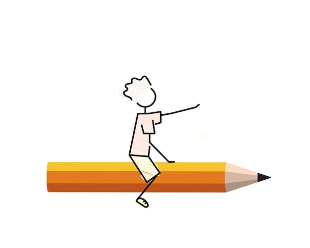 Back to school simple sketch drawing clipart happy student guy flying on top of an orange pencil colorful funny doodle vector illustration