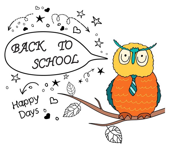 Vector back to school a smart owl in a tie and two small cute owls are sitting on a tree branch