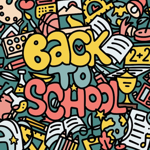 Back to school square banner template with hand drawn doodle stationery and other school subjects wi