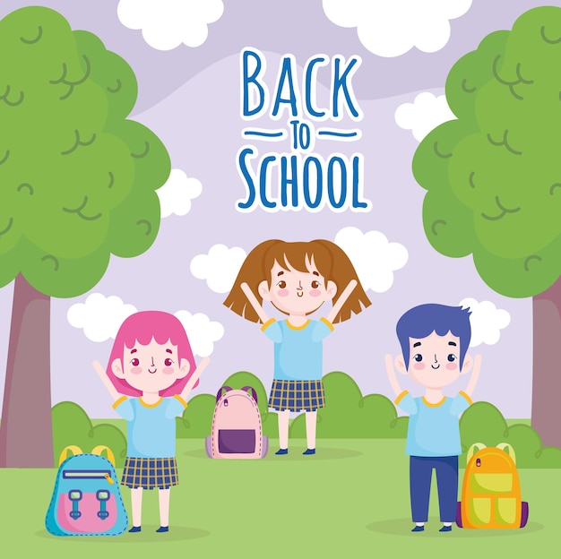 Back to School students with backpack in the park cartoon  illustration