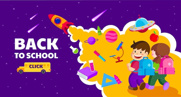 Back to school template banner bag kids concept school bus vector illustration