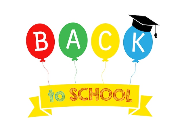 Back to school text on colored helium balloons. Vector school background with hand drawn text style