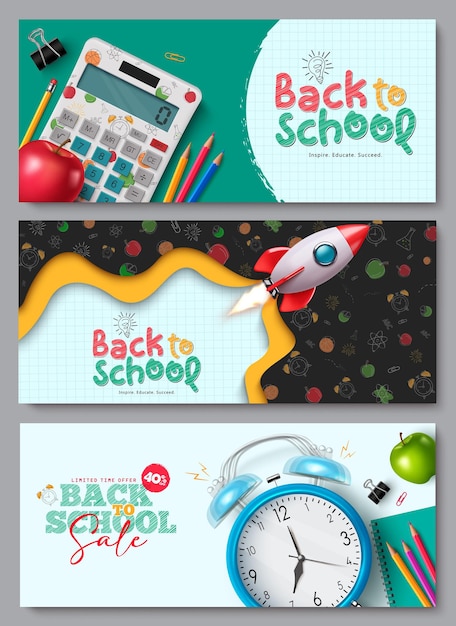 Back to school text vector banner set Back to school greeting and sale educational lay out