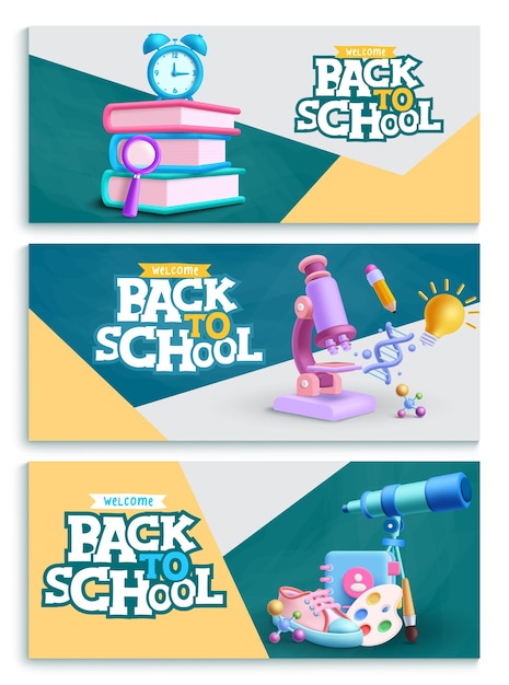 Vector back to school text vector banner set welcome back to school greeting with educational 3d telescope