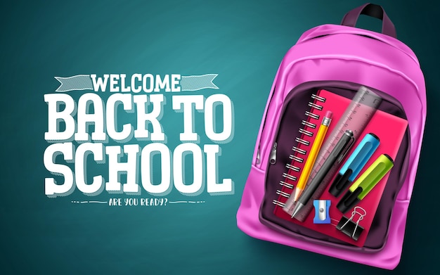 Back to school text vector design Welcome back to school text with school bag notebook ruler