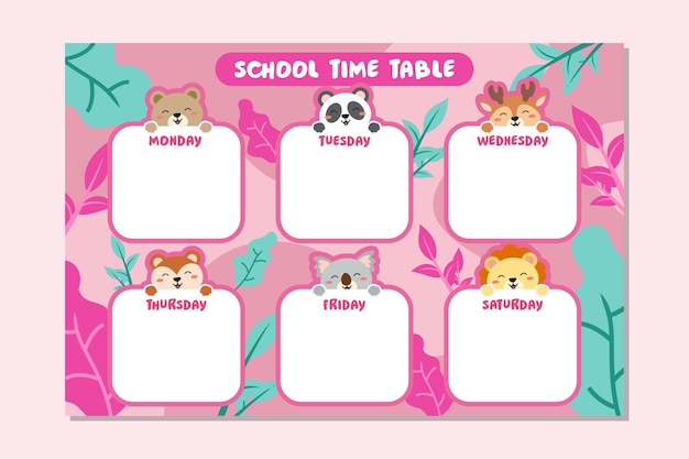 Back to School TimeTable Template Cute Animal Theme