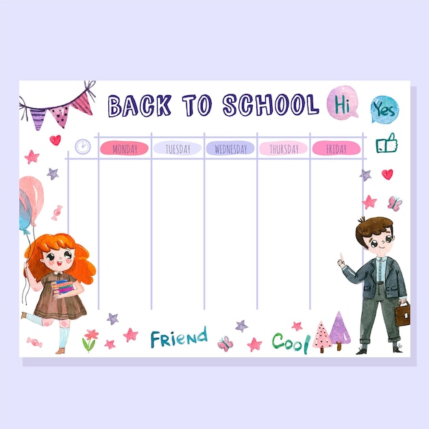 Back to school timetable watercolor