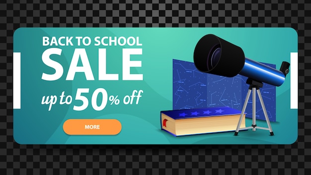 Back to school, up to 50% off, discount web banner for your website with telescope