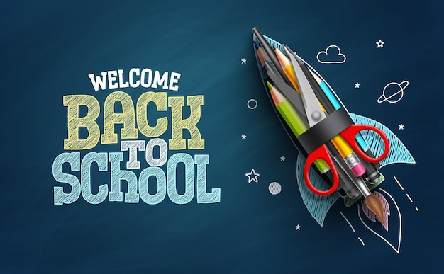 Back to school vector background design Welcome back to school doodle text with rocket launch