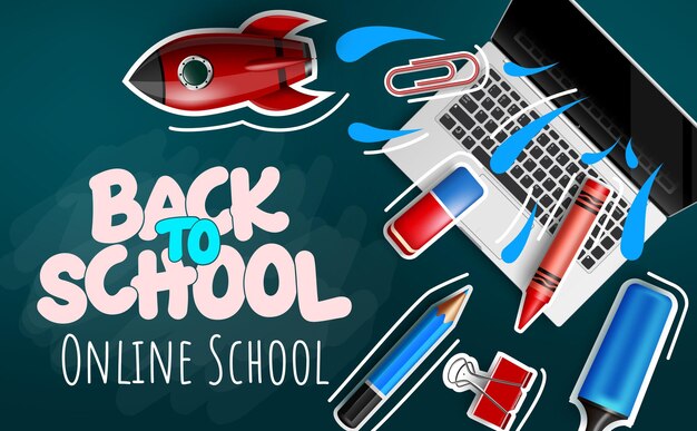 Vector back to school vector banner design. back to school online text in chalkboard space with paper cut.