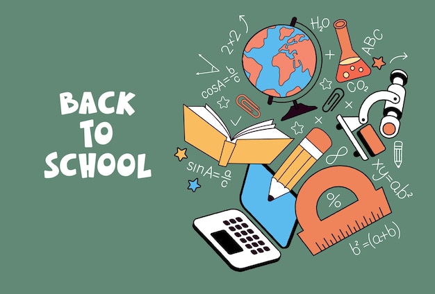 Back to school vector banner design Set education items in a background