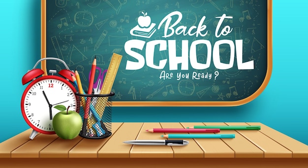 Back to school vector concept design Back to school text in chalkboard with color pencil alarm